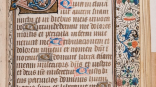 Example page of floriated initials in Book of Hours, 1445.